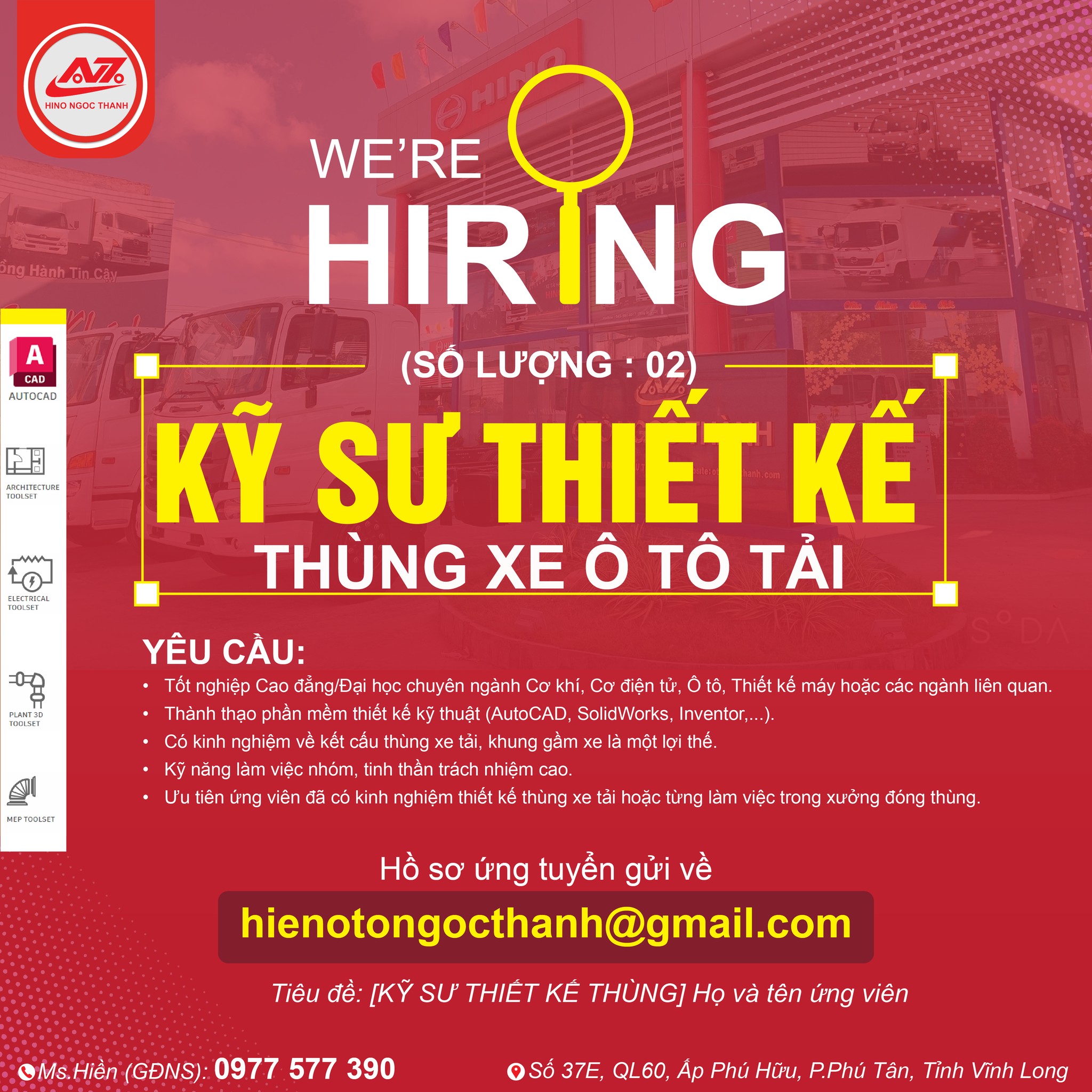 HINO NGỌC THÀNH - TUYỂN DỤNG NHÂN VIÊN THIẾT KẾ THÙNG XE TẢI