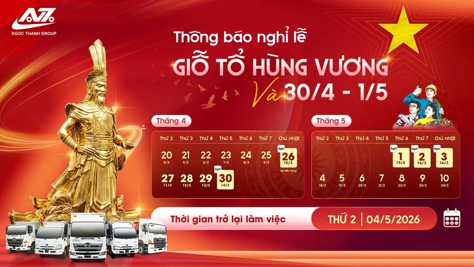 THÔNG BÁO NGHỈ LỄ GIỖ TỔ HÙNG VƯƠNG – LỄ 30/4 - 1/5