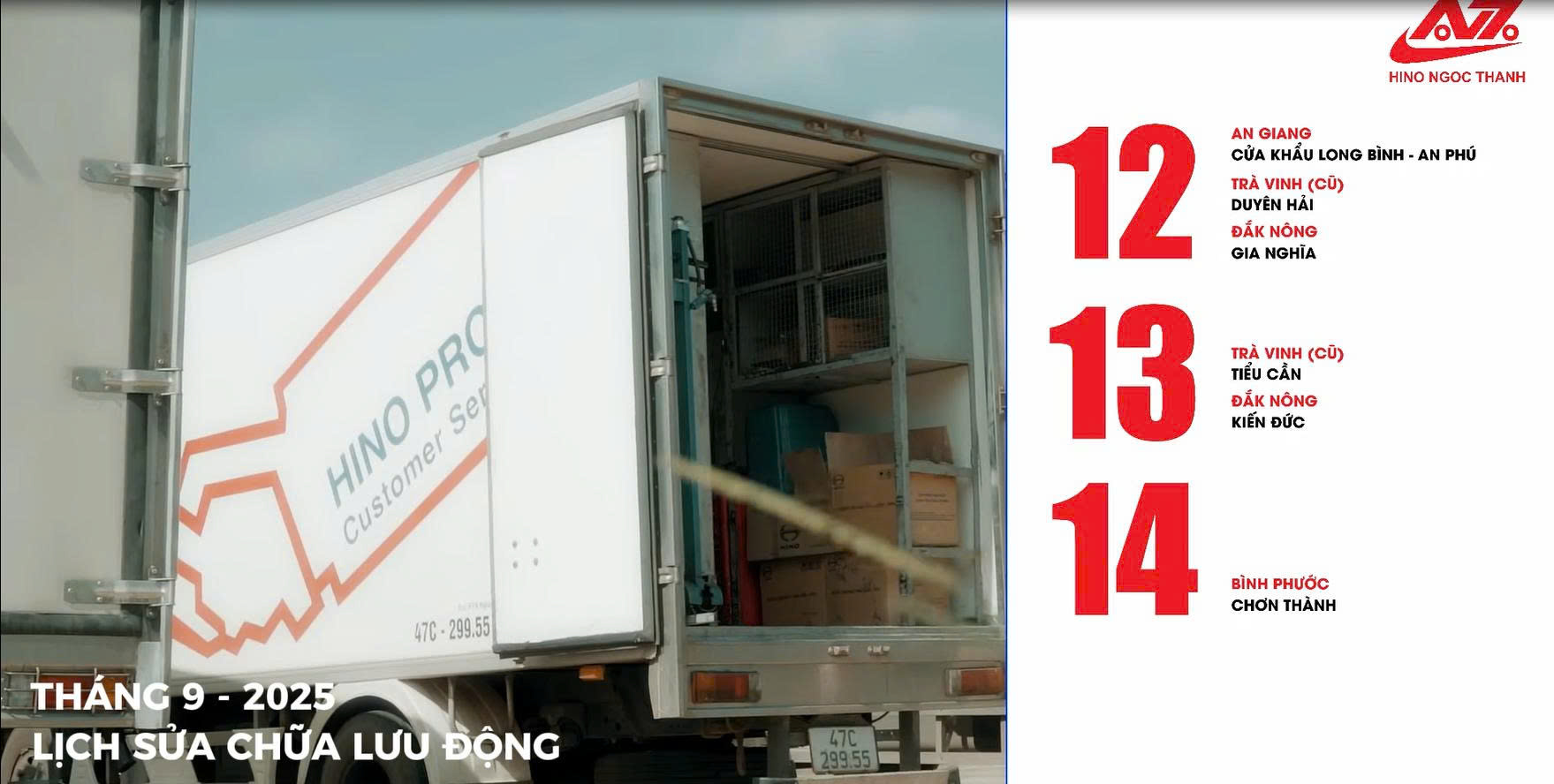 Lịch Bảo Dưỡng Lưu Động Tháng 09/2025 - Hino Ngọc Thành